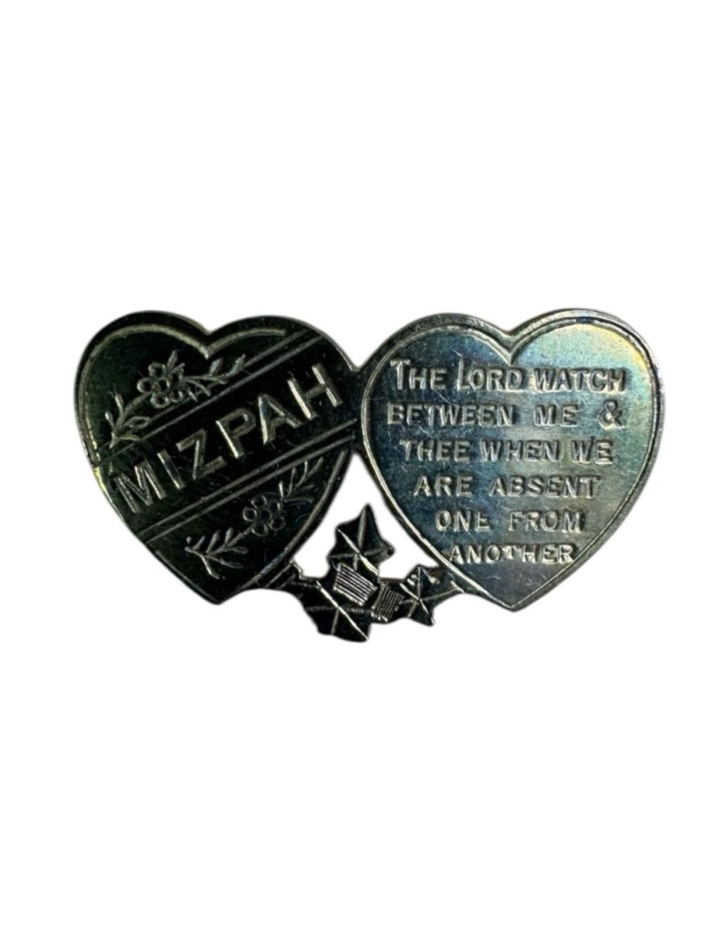 Antique Mizpah Brooch Double Heart Sweetheart Brass Biblical Inscription